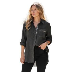 NWT Umgee Black Textured 100% Cotton Button-Down Shirt with Printed Trim